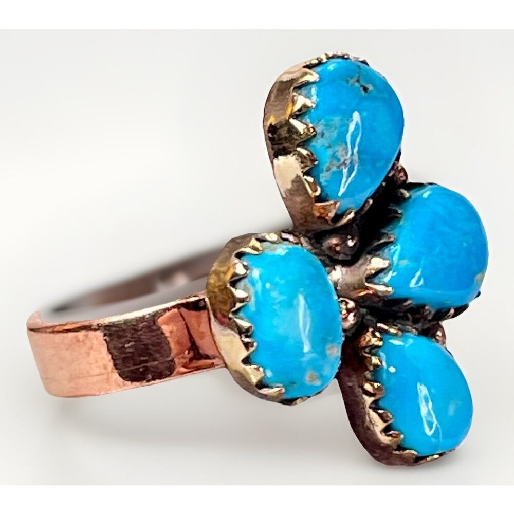 Southwestern Kingman Turquoise Copper Adjustable Bypass 4 Stone Cluster Ring - Picture 10 of 15